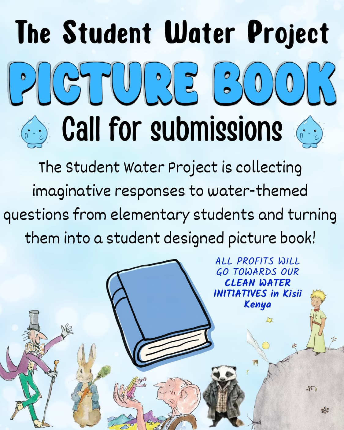 TSWP Picture Book call for submissions flyer with water droplet mascots and a blue storybook
